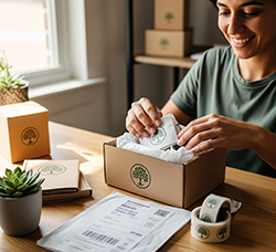 A person smiling while packaging a sold item.